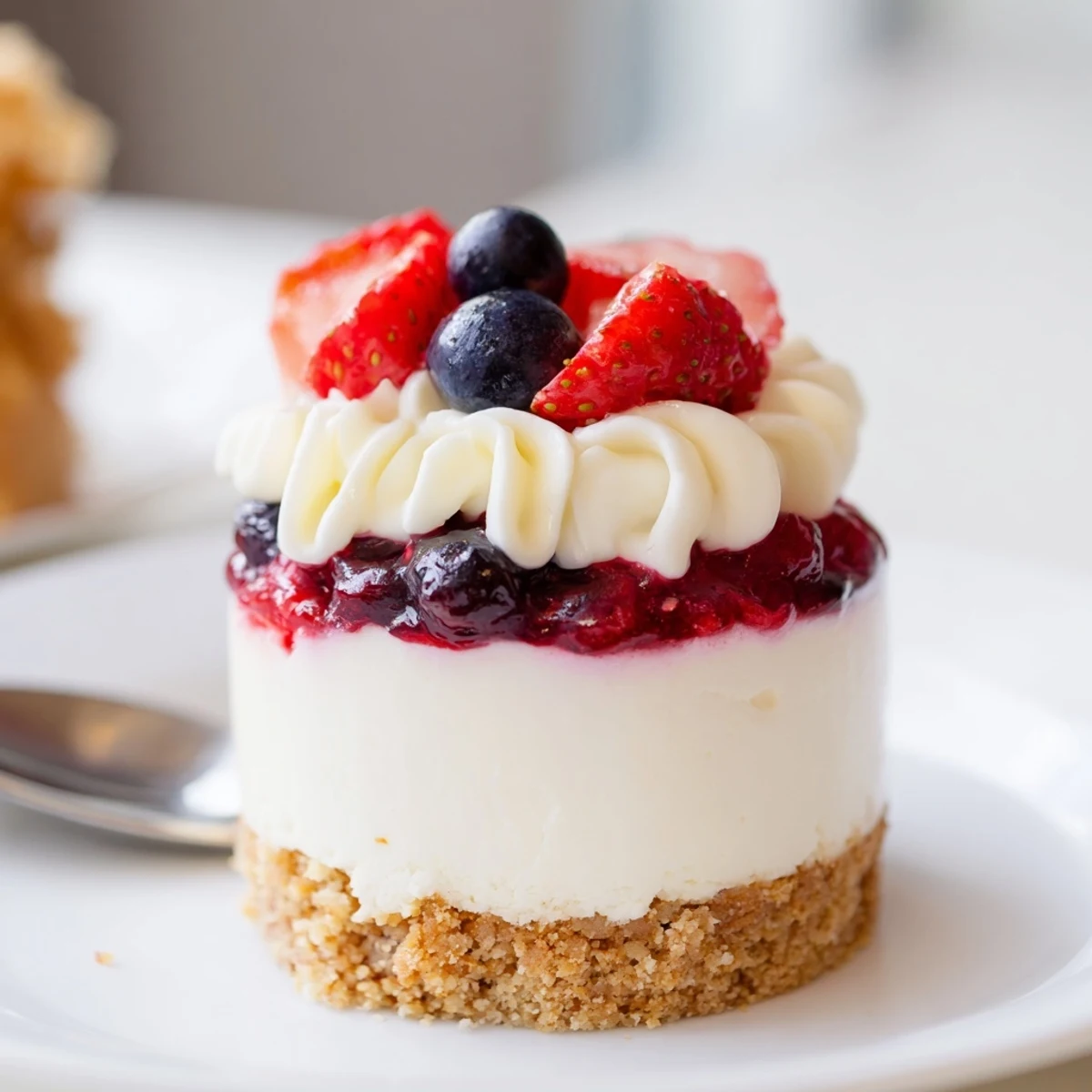 Berry No Bake Cheesecakes in glasses, creamy layers with juicy berry compote.  