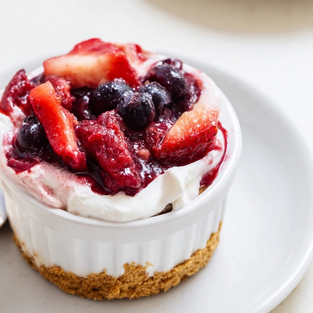 Chilled Berry No Bake Cheesecakes topped with glistening strawberries and lemon zest.  