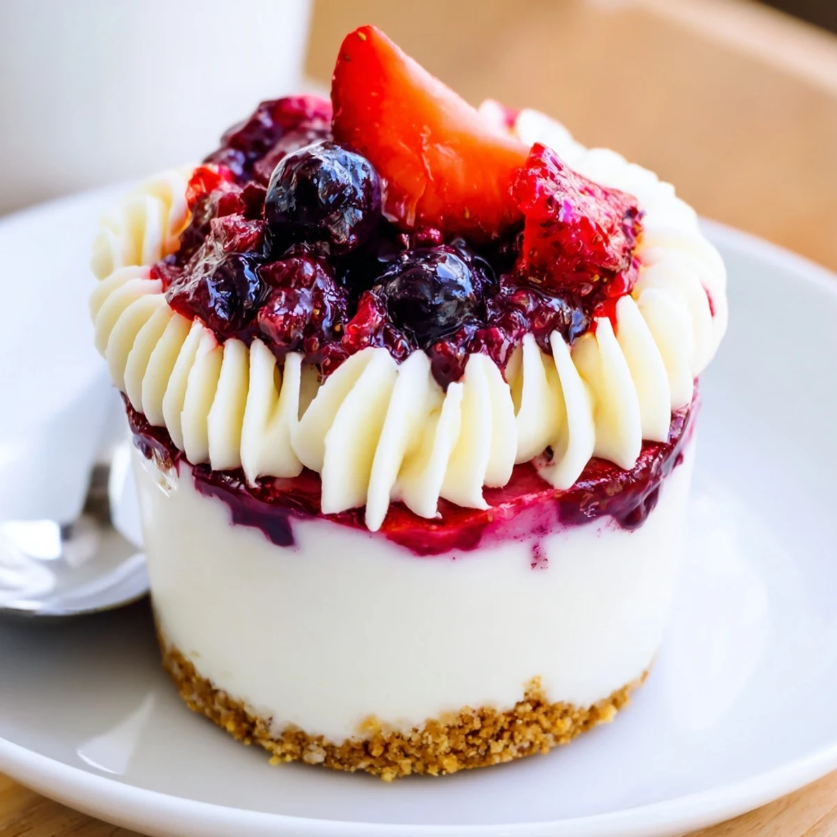 Mini Berry No Bake Cheesecakes with crunchy graham cracker base, spoon beside.