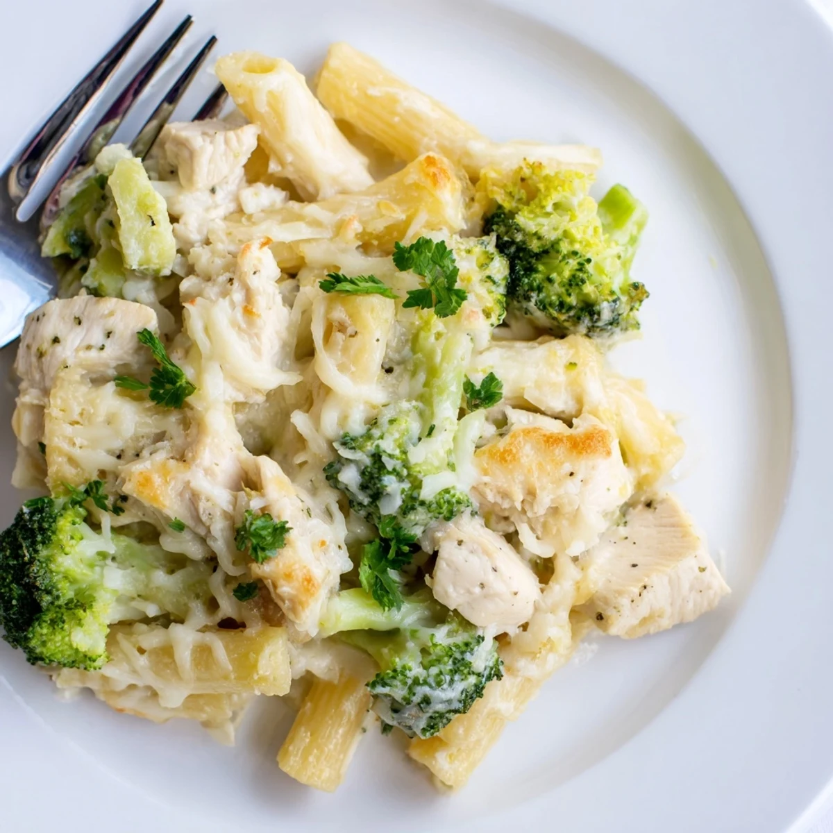 Creamy Chicken Broccoli Alfredo Bake bubbling golden, cheesy top, steaming with parsley