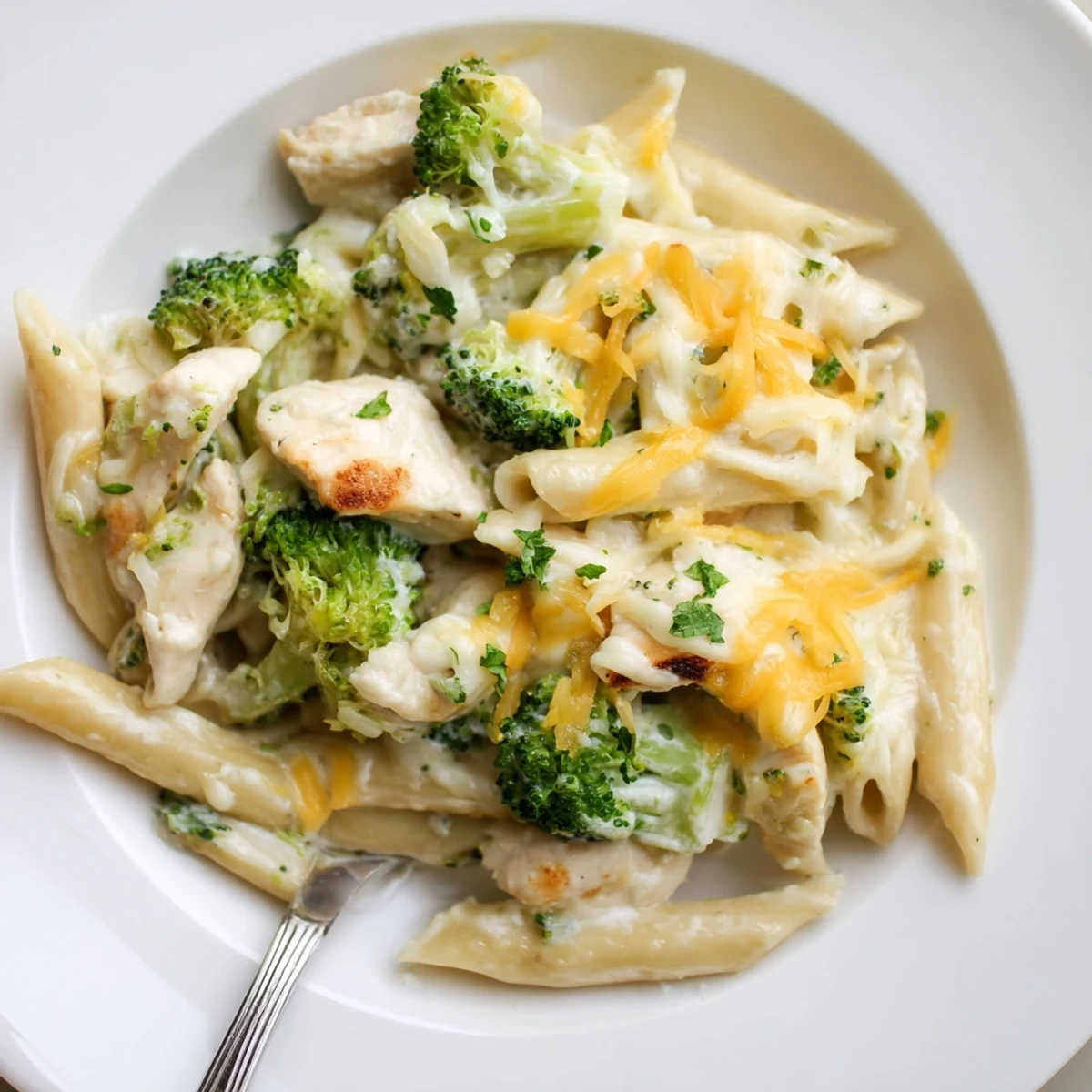Forkful of Chicken Broccoli Alfredo Bake recipe, creamy sauce and melted cheese