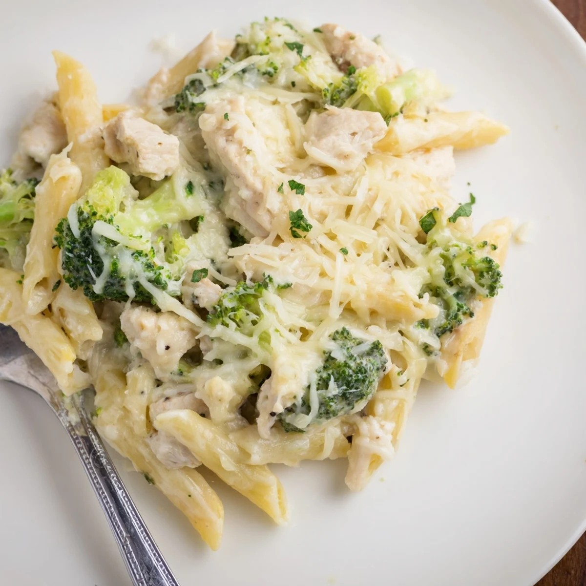 Bubbly Chicken Broccoli Alfredo Bake served hot with crusty garlic bread