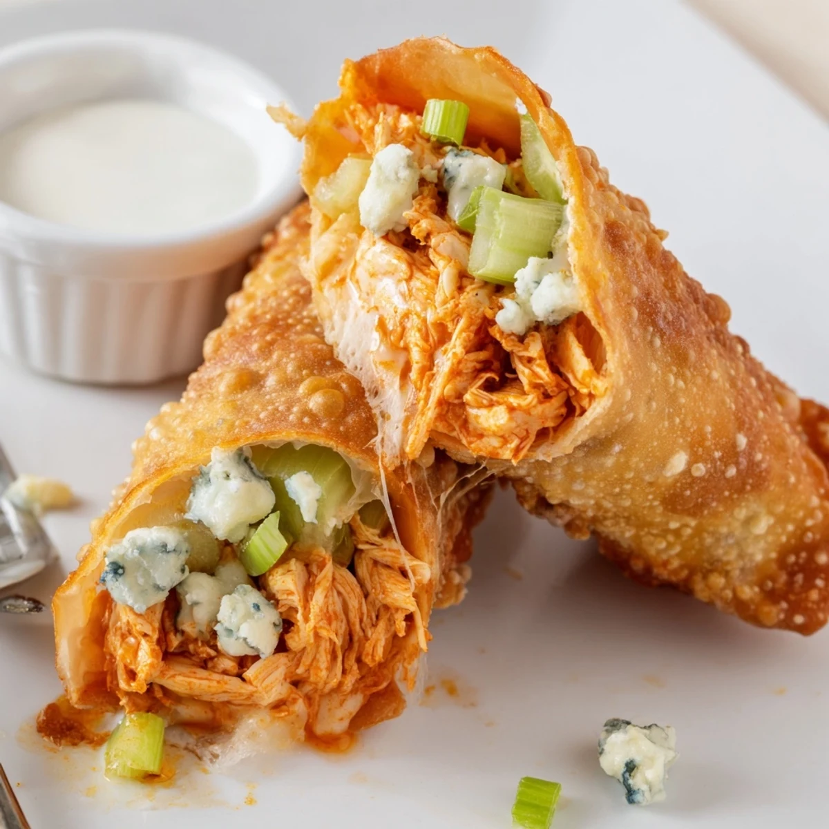 Buffalo Chicken Egg Rolls Recipe: golden, crispy rolls oozing spicy cheesy filling, served warm