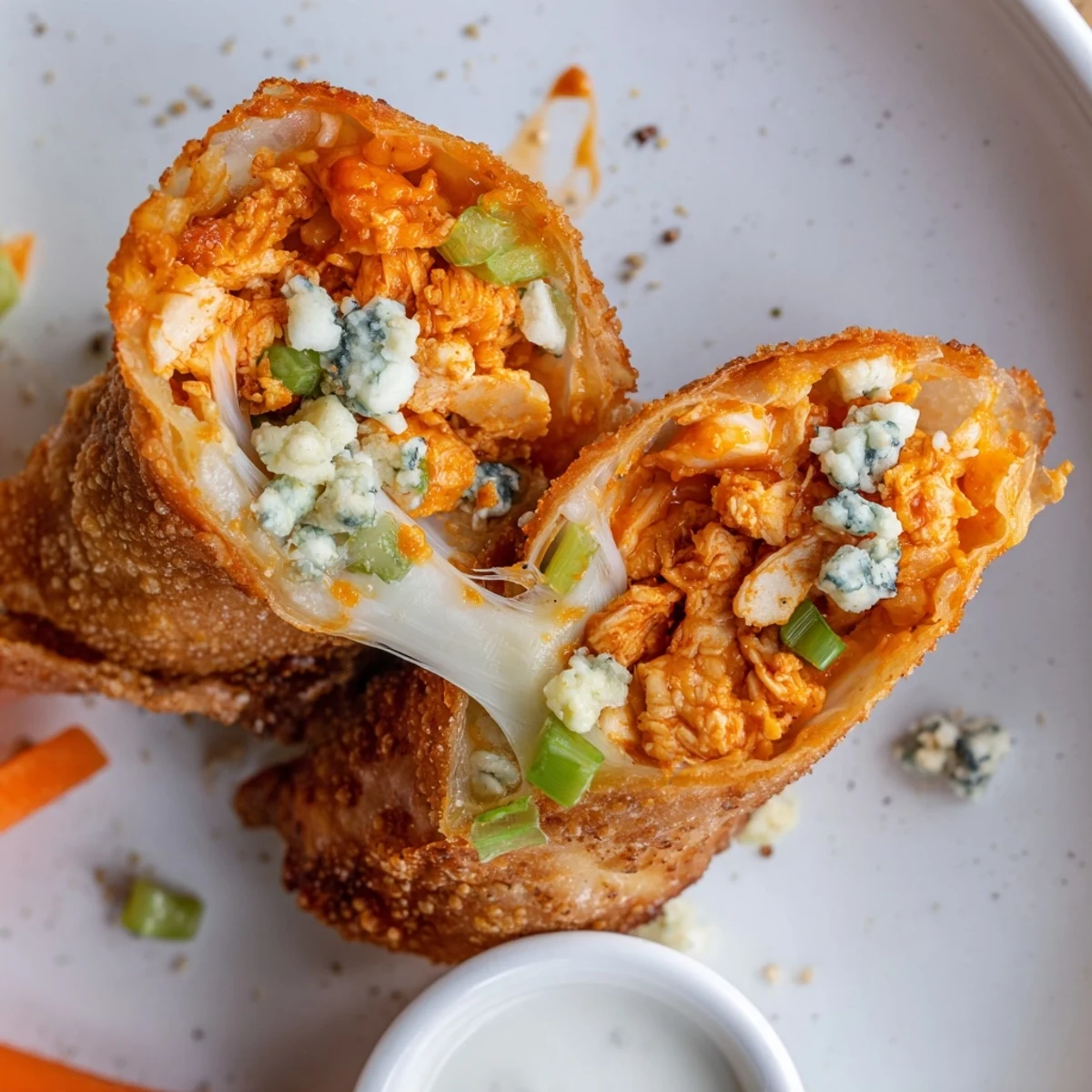 Crispy Buffalo Chicken Egg Rolls Recipe piled on platter, tangy blue cheese dip nearby