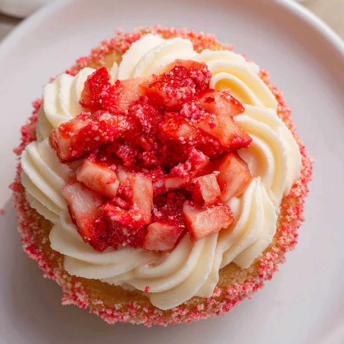 Strawberry Crunch Cheesecake Tacos with creamy filling, crunchy rim, fresh diced strawberries.