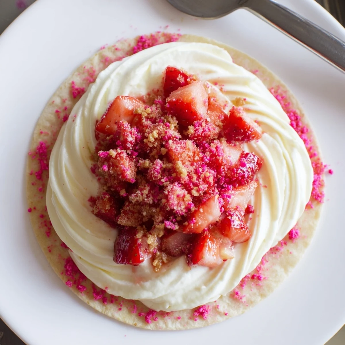Plated Strawberry Crunch Cheesecake Tacos, cinnamon-sugar shells and juicy strawberry topping.