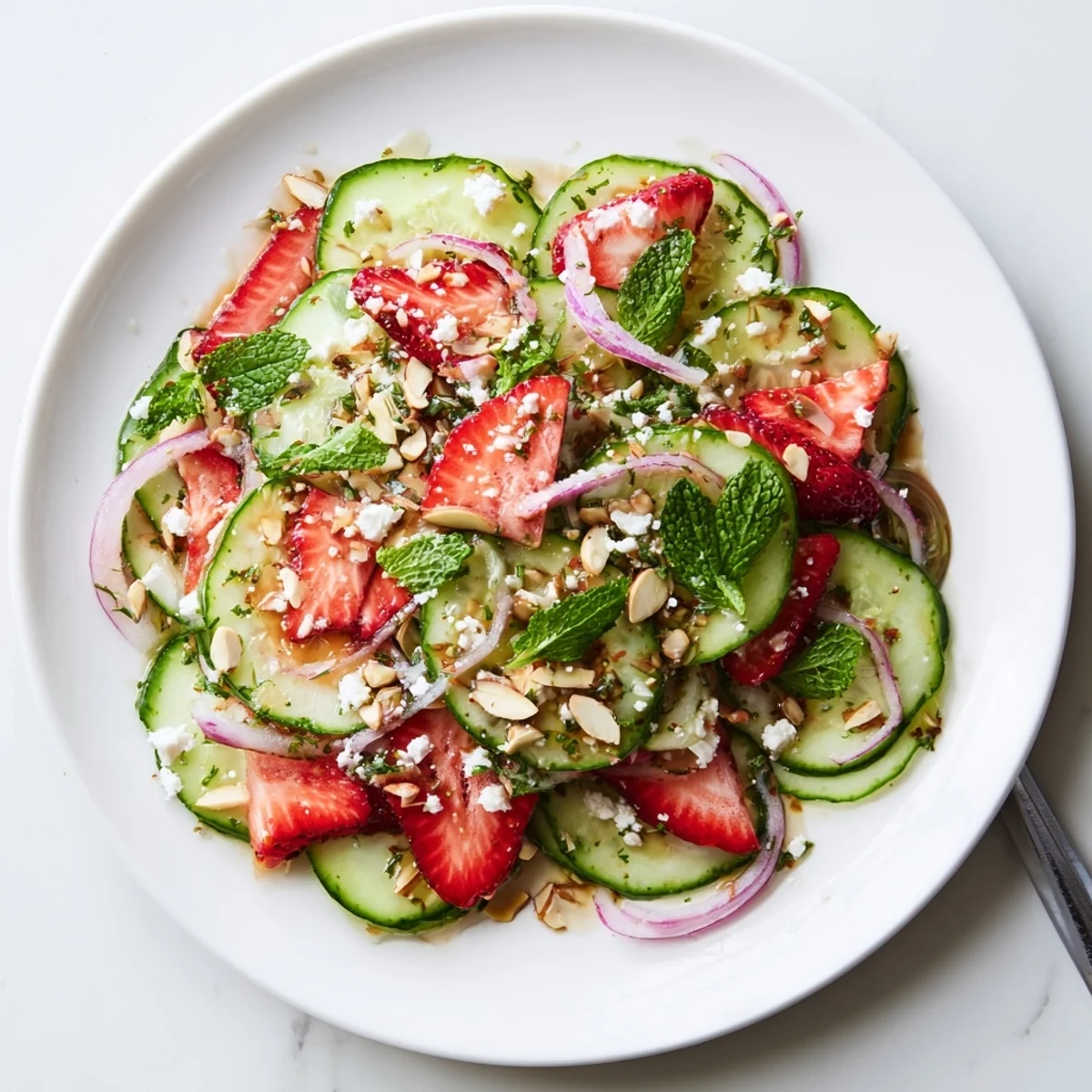 Cucumber Strawberry Salad Recipe with crisp cucumber slices, juicy strawberries, fresh mint
