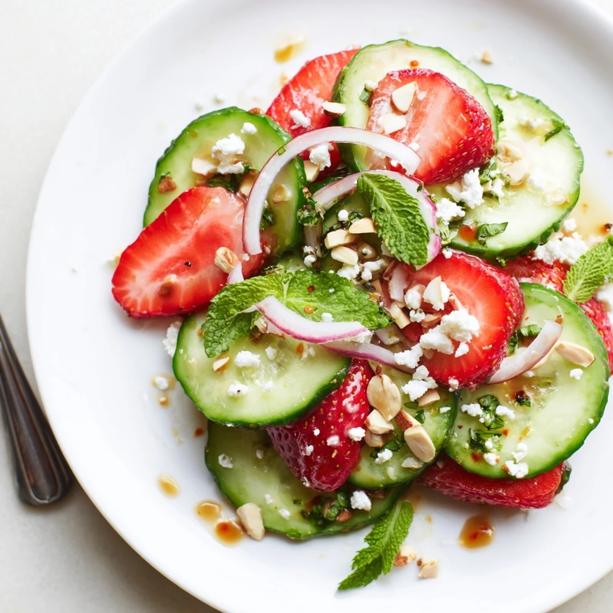 Easy Cucumber Strawberry Salad Recipe garnished with feta and toasted almonds, summer ready