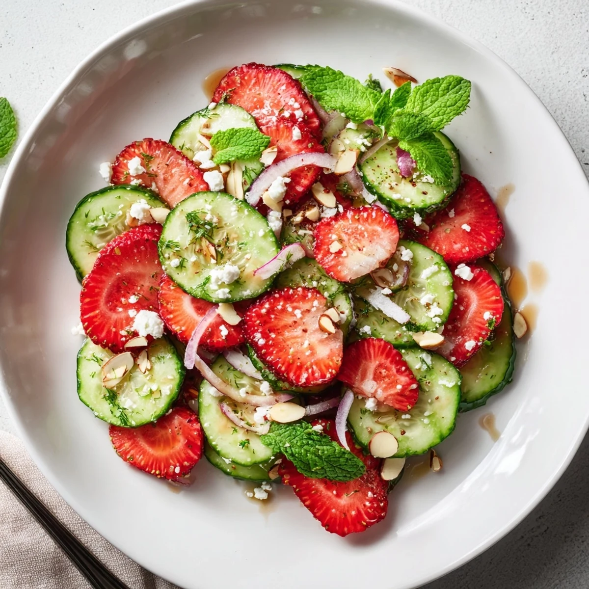 Bright Cucumber Strawberry Salad Recipe tossed in tangy balsamic honey dressing, served chilled
