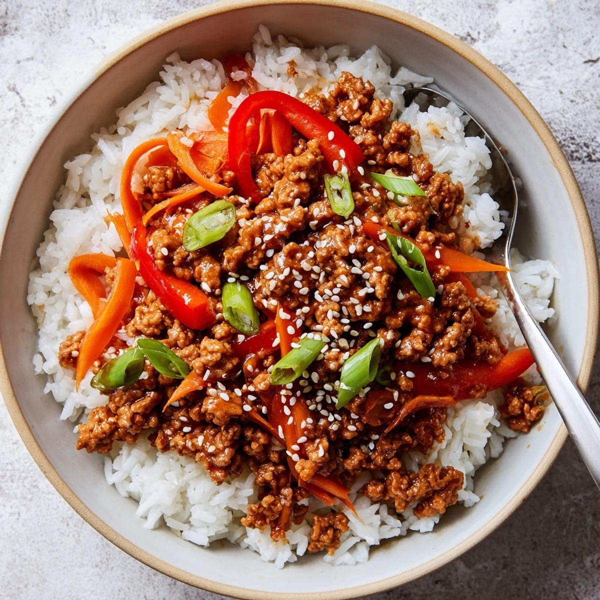 Teriyaki Turkey Rice Bowls steaming with glossy sauce, crisp veggies, sesame garnish.