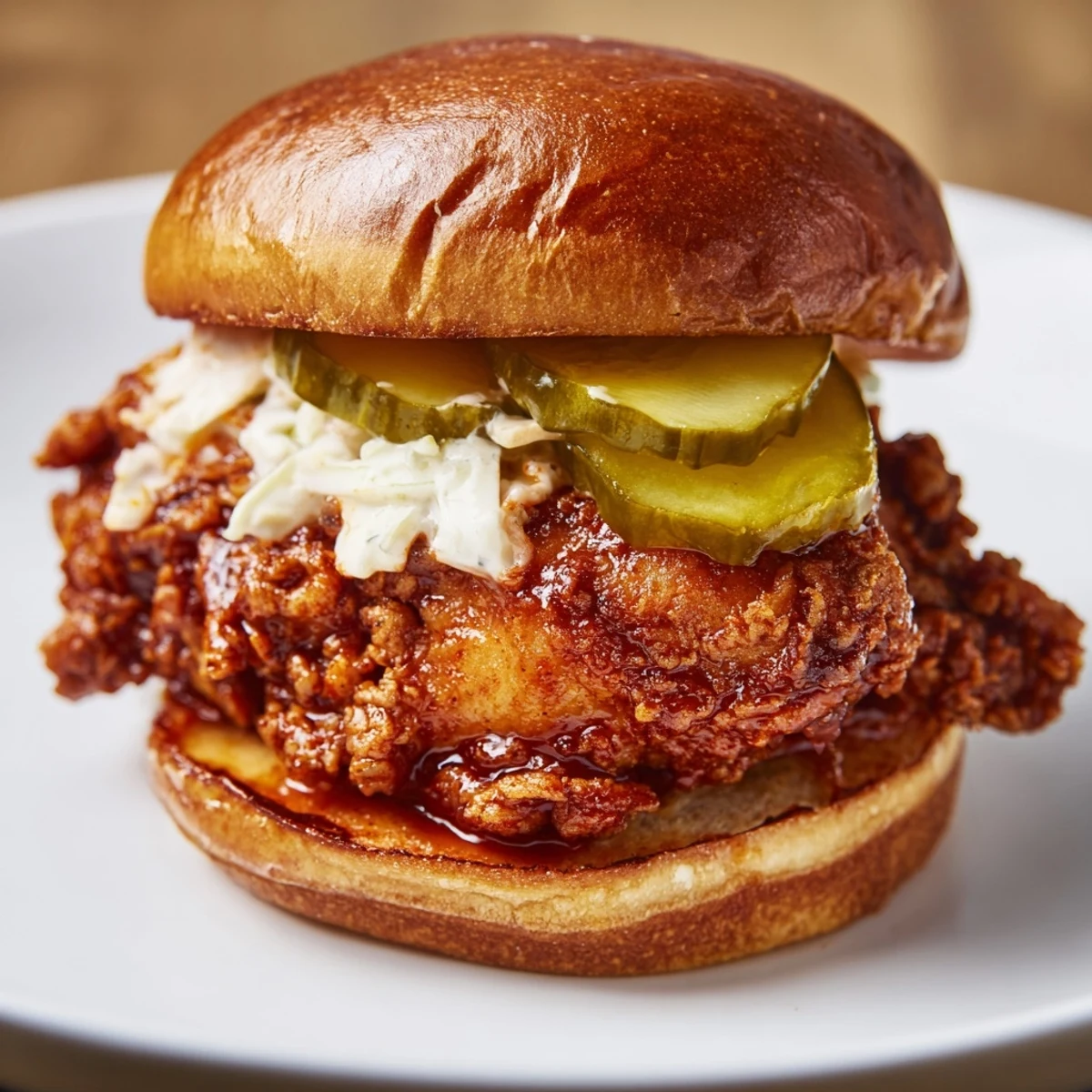 Spicy Nashville Hot Chicken Sandwiches with crisp pickles, creamy slaw, golden crust