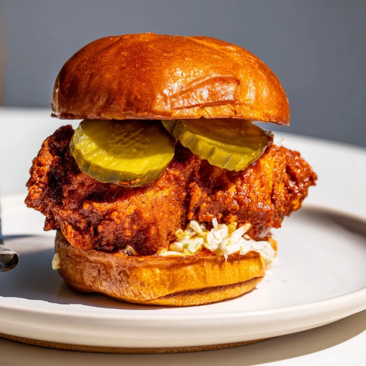 Crispy Spicy Nashville Hot Chicken Sandwiches brushed with fiery oil, served on toasted brioche