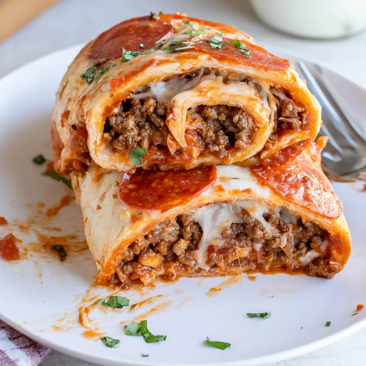 Cheesy Beef Pepperoni Pizza Roll Ups Snack Recipe, golden-brown, cheese bubbling, served warm