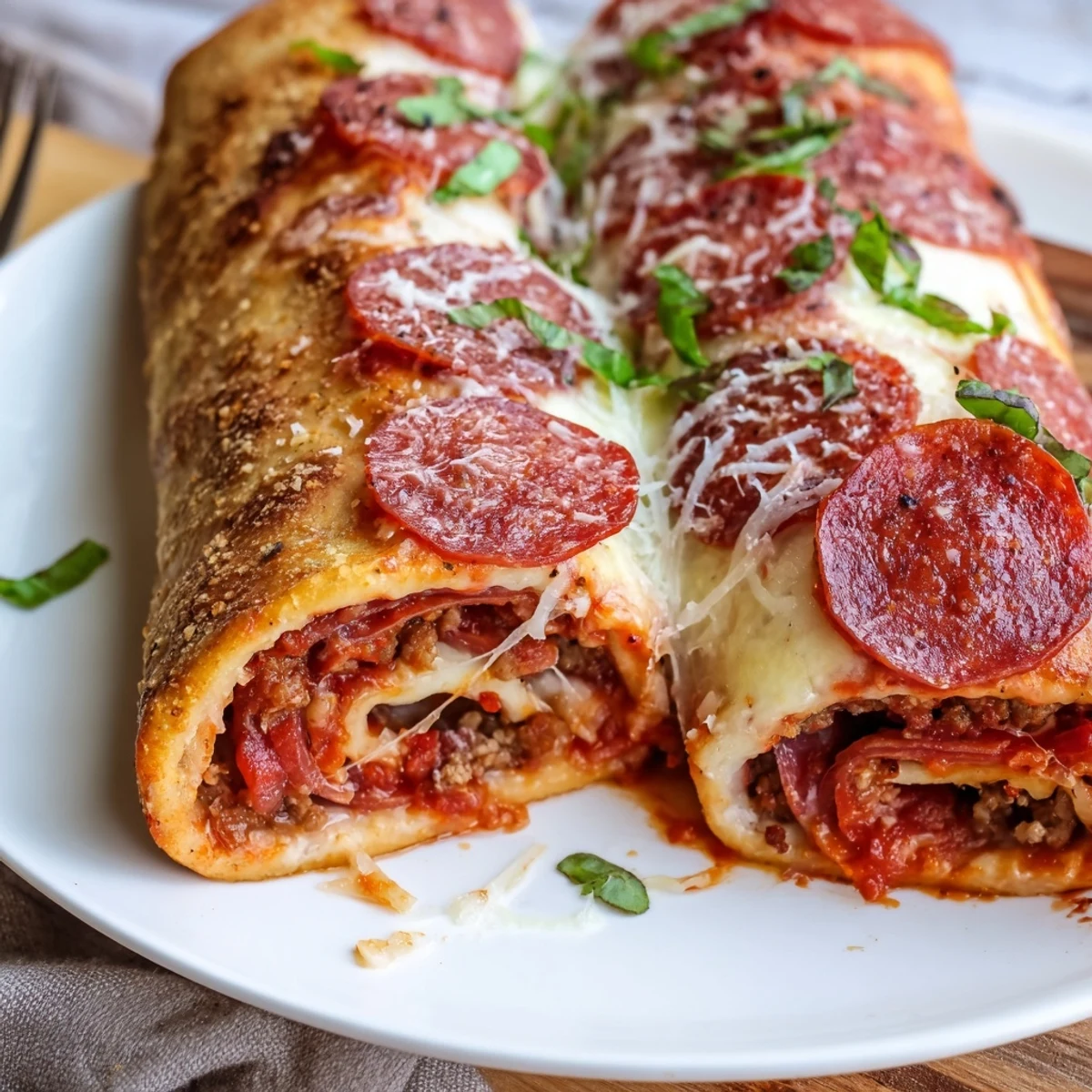 Baked Cheesy Beef Pepperoni Pizza Roll Ups Snack Recipe cooling on parchment, basil garnish