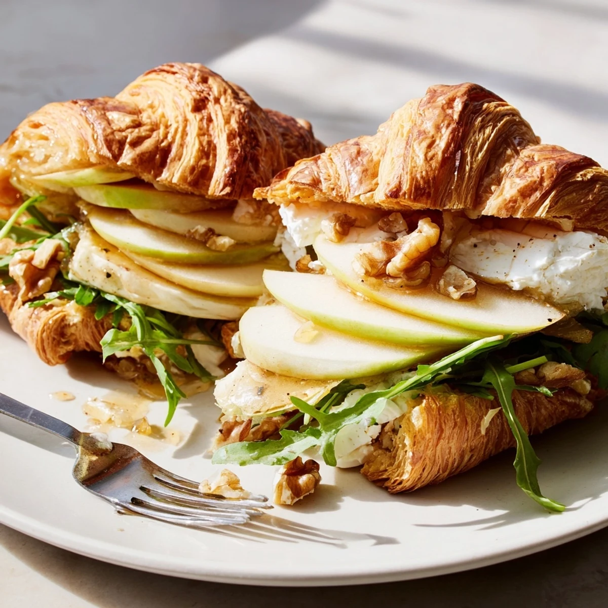 Buttery, flaky croissant filled with crisp apples and arugula — Apple Goat Cheese Croissant Sandwich