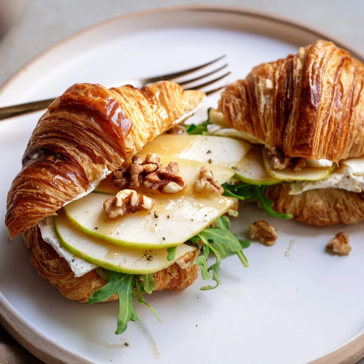 Sliced Apple Goat Cheese Croissant Sandwich on cutting board, drizzled honey glistening