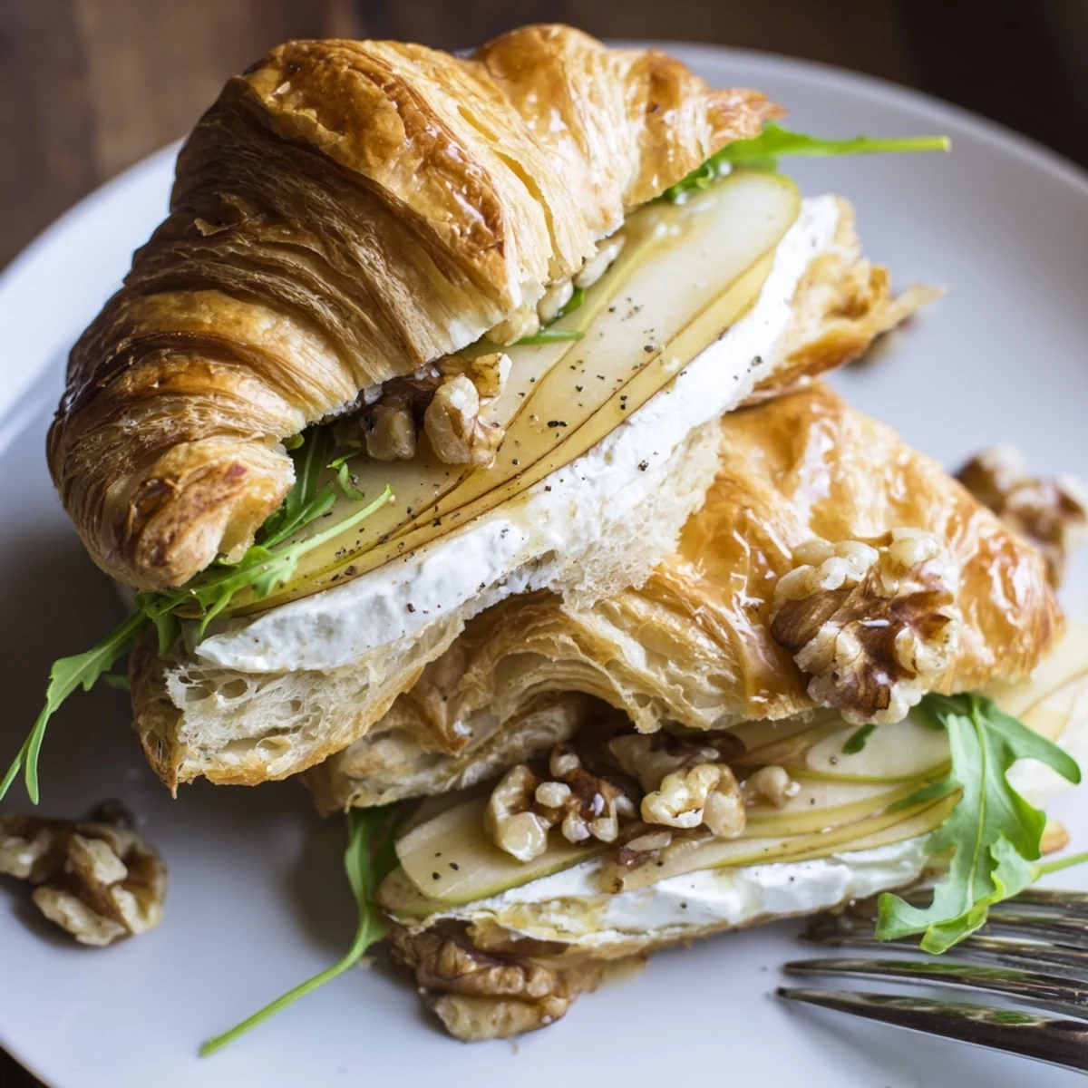 Toasted Apple Goat Cheese Croissant Sandwich with arugula, walnuts for crunchy brunch bite