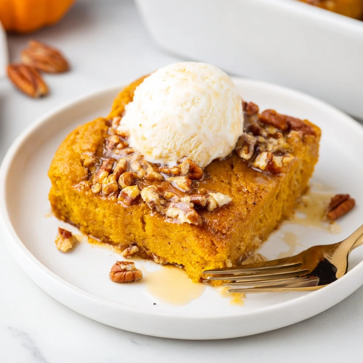 Warm Pumpkin Dump Cake with golden pecan topping, steam and cinnamon aroma