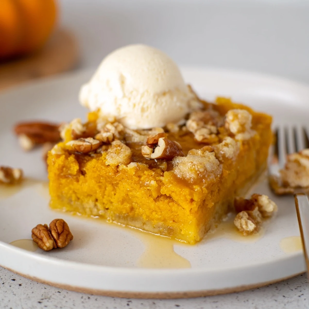 Baked Pumpkin Dump Cake cooling in pan, crackled buttery crust and warm spice