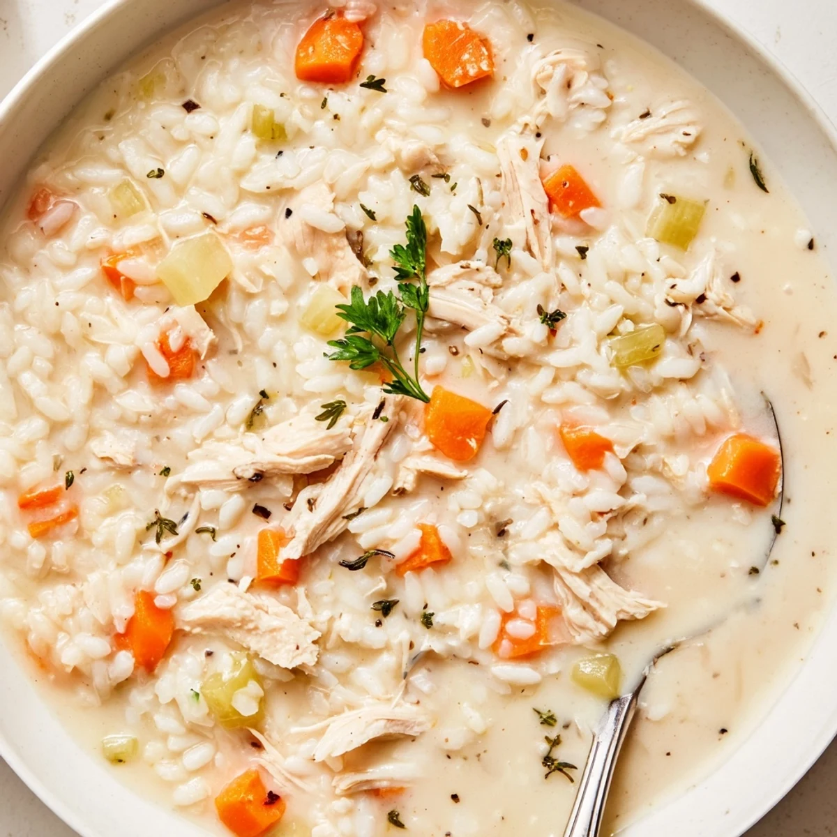 Creamy Chicken Rice Soup steaming in bowl, tender rice and silky broth  