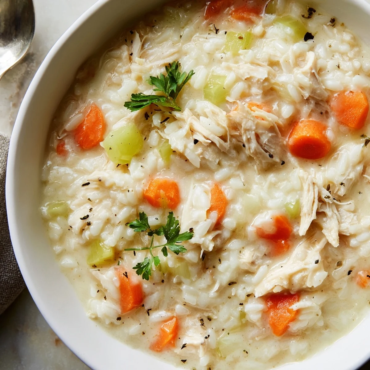 Spoon lifting Creamy Chicken Rice Soup, thick velvety broth with shredded chicken