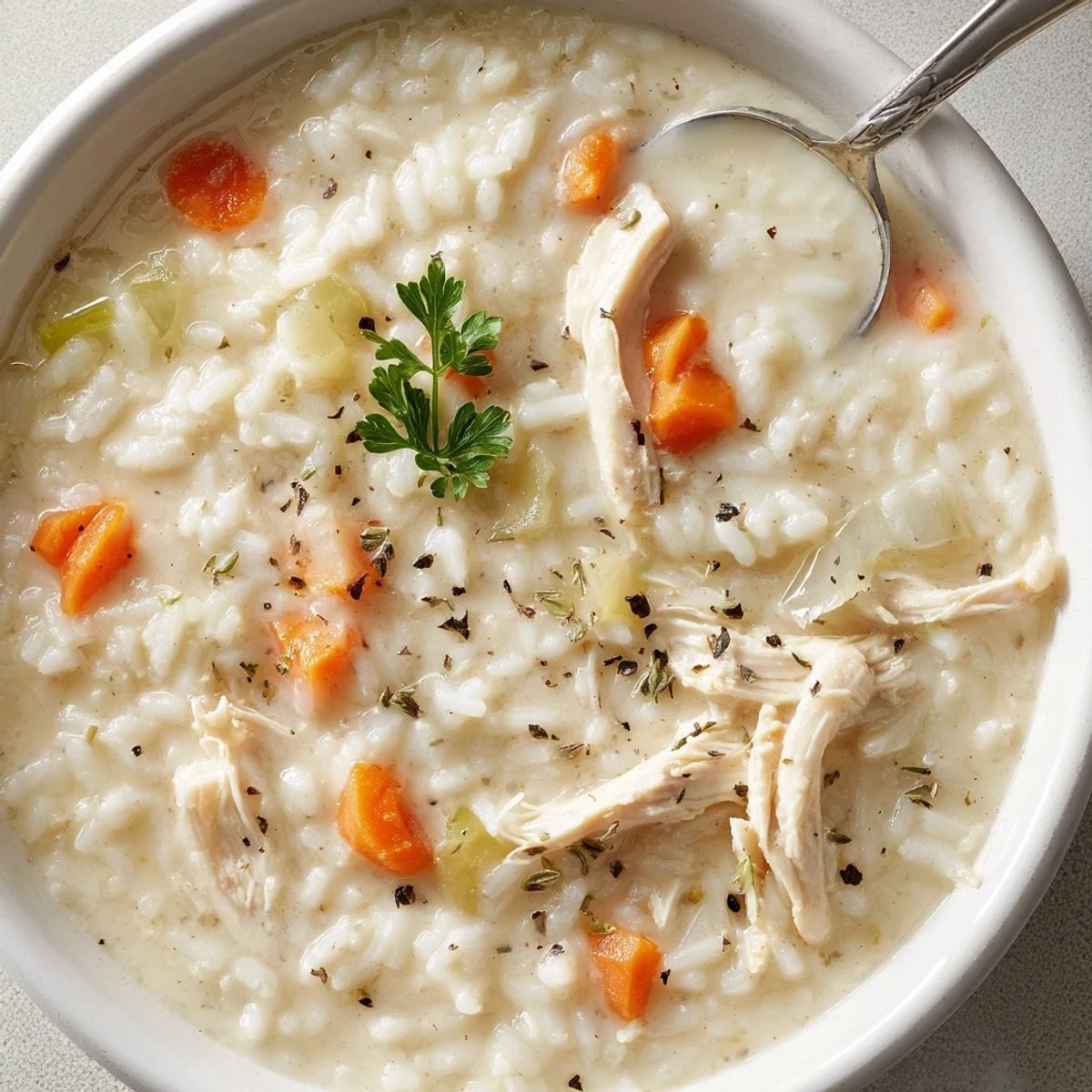 Bowl of Creamy Chicken Rice Soup garnished with parsley, served with bread  