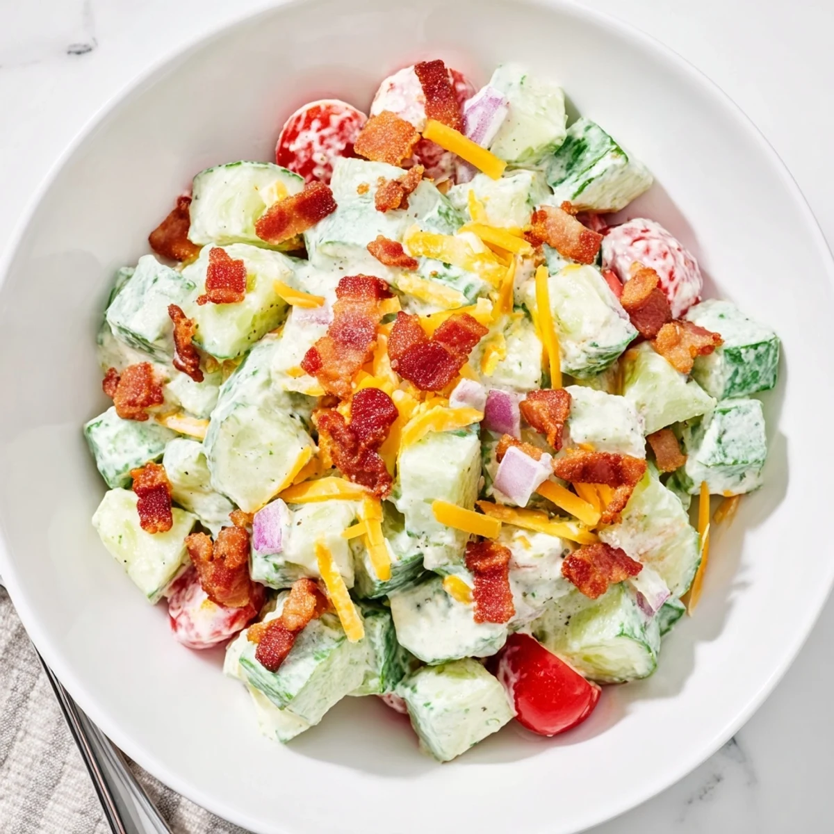 Cucumber Ranch Crack Salad with creamy dressing, crunchy chips, smoky bacon