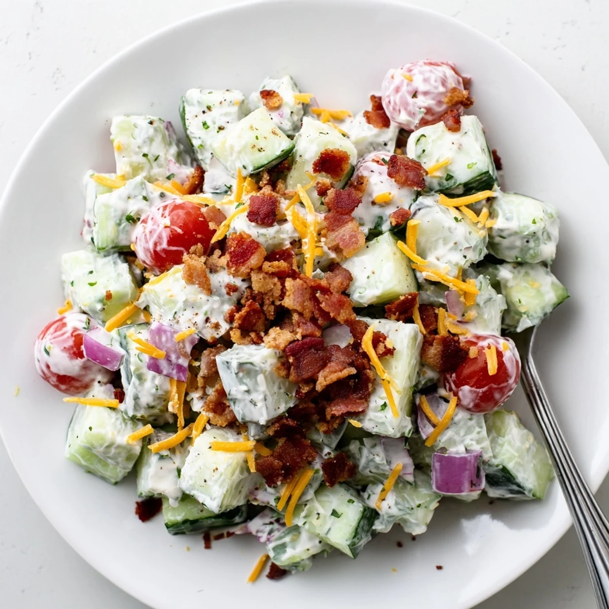 Cucumber Ranch Crack Salad served chilled at potlucks, juicy cucumbers and crispy bacon