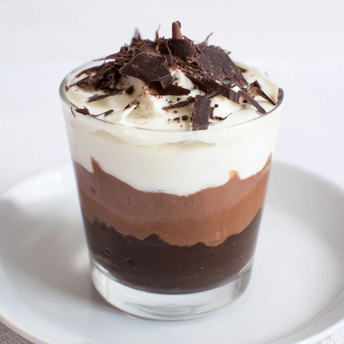 Triple Chocolate Mousse Cups layered in clear glasses, creamy textures and glossy tops