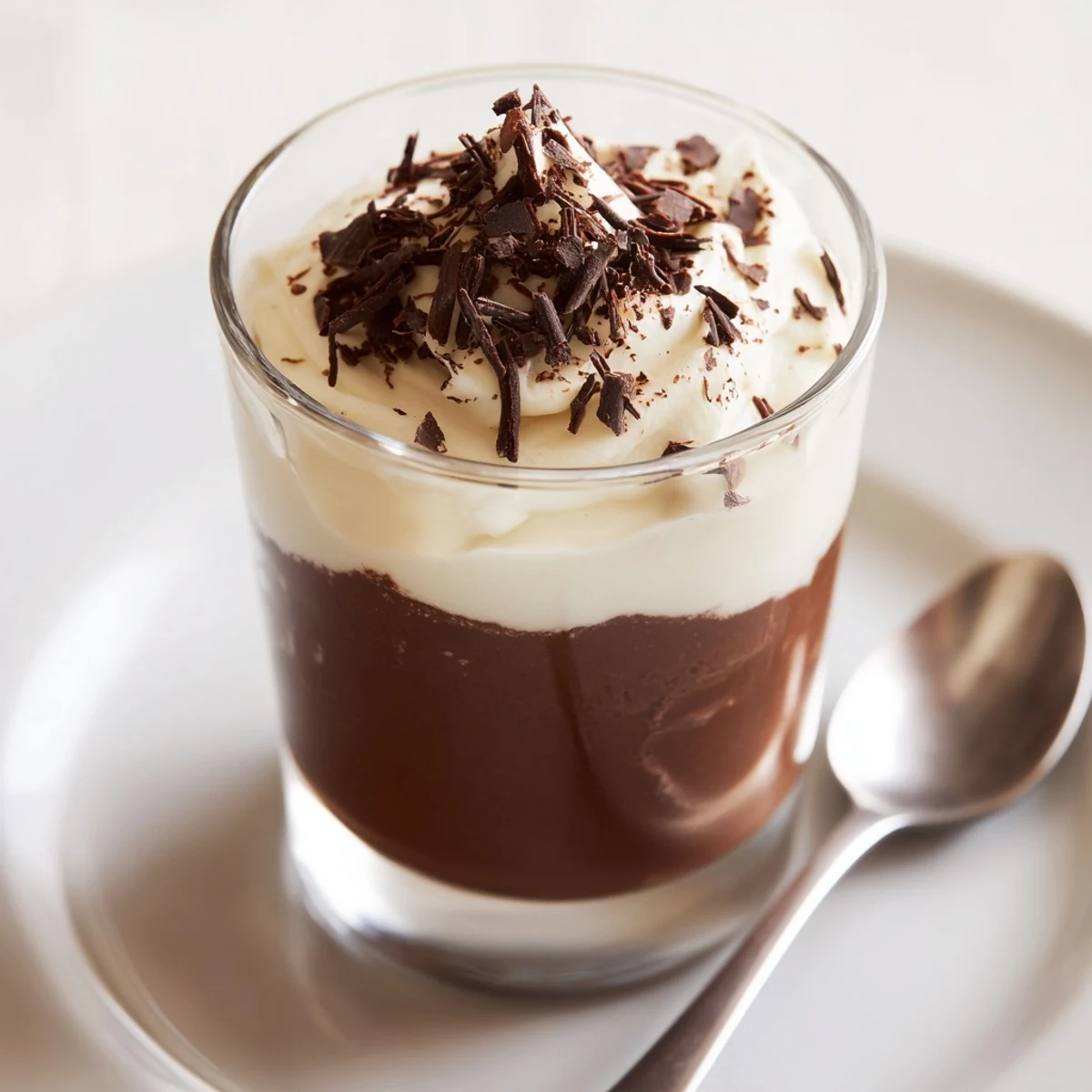 Triple Chocolate Mousse Cups garnished with shaved chocolate, rich, silky layers visible