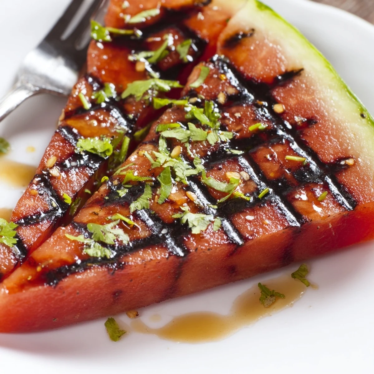Warm, caramelized Cilantro Lime Grilled Watermelon Recipe served with lime zest