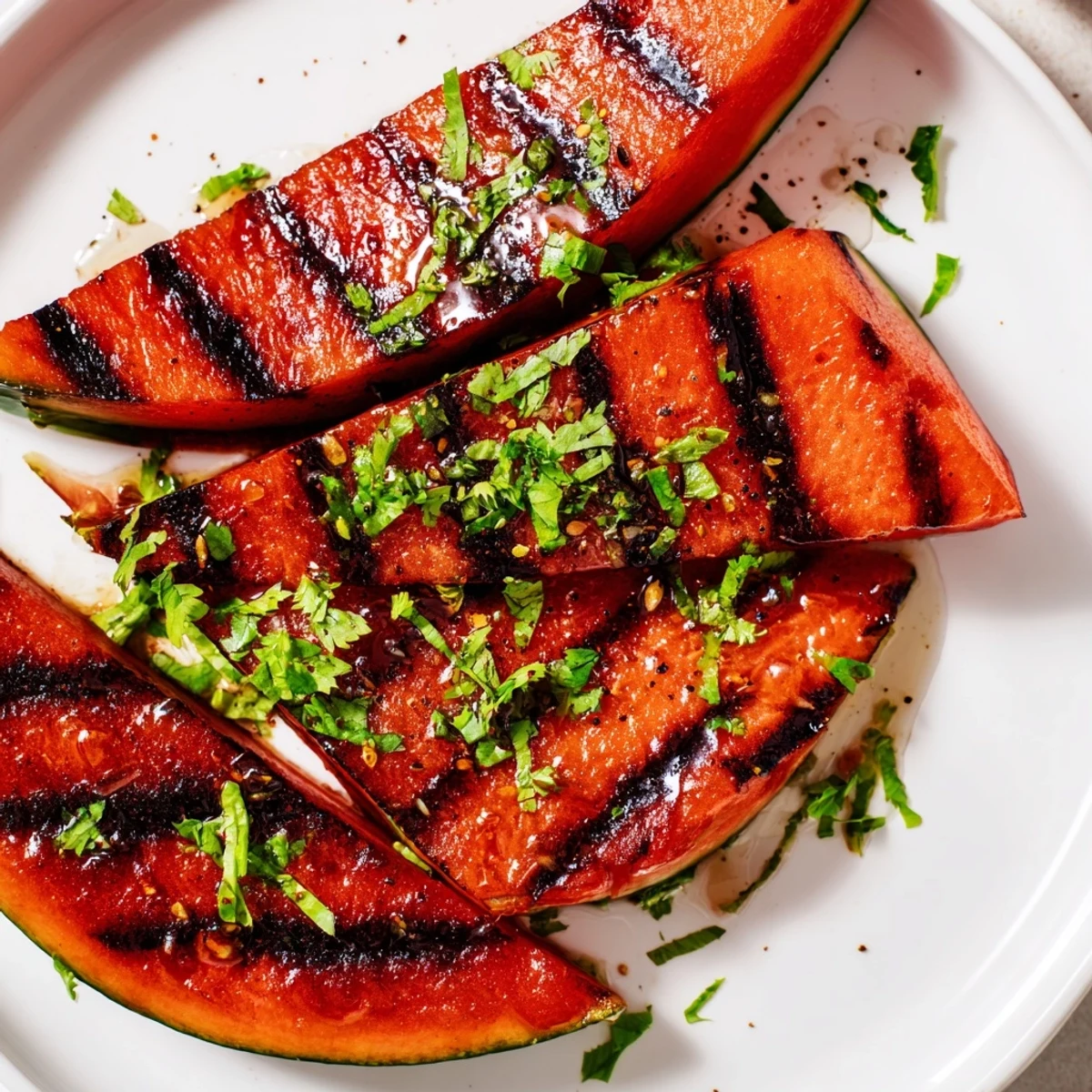Cilantro Lime Grilled Watermelon Recipe on platter, smoky grill marks, zesty lime