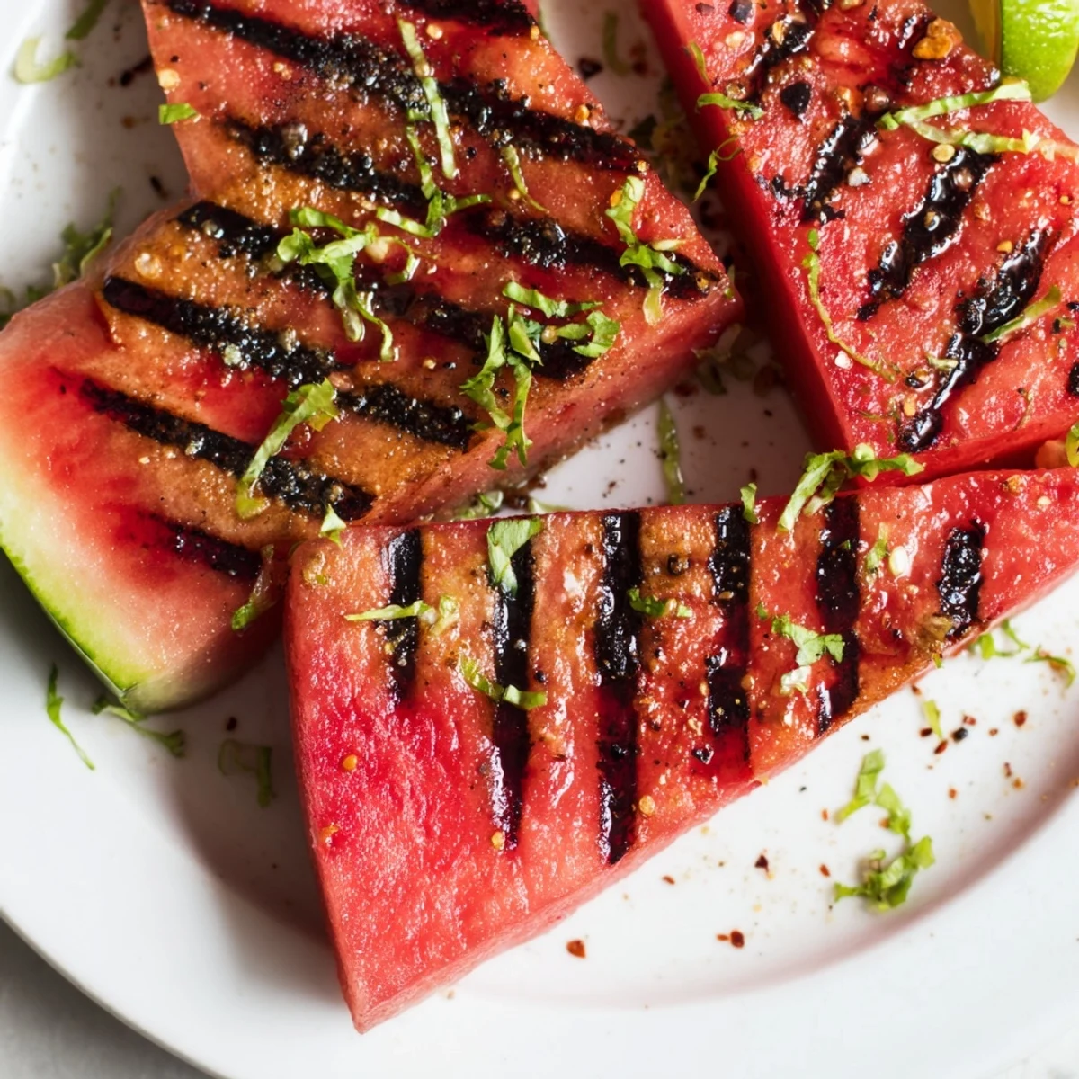 Weeknight side Cilantro Lime Grilled Watermelon Recipe, bright juice and charred edges