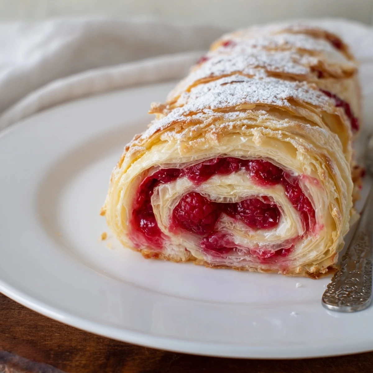 Raspberry Puff Pastry Rolls Recipe showing golden flaky spirals dusted with powdered sugar