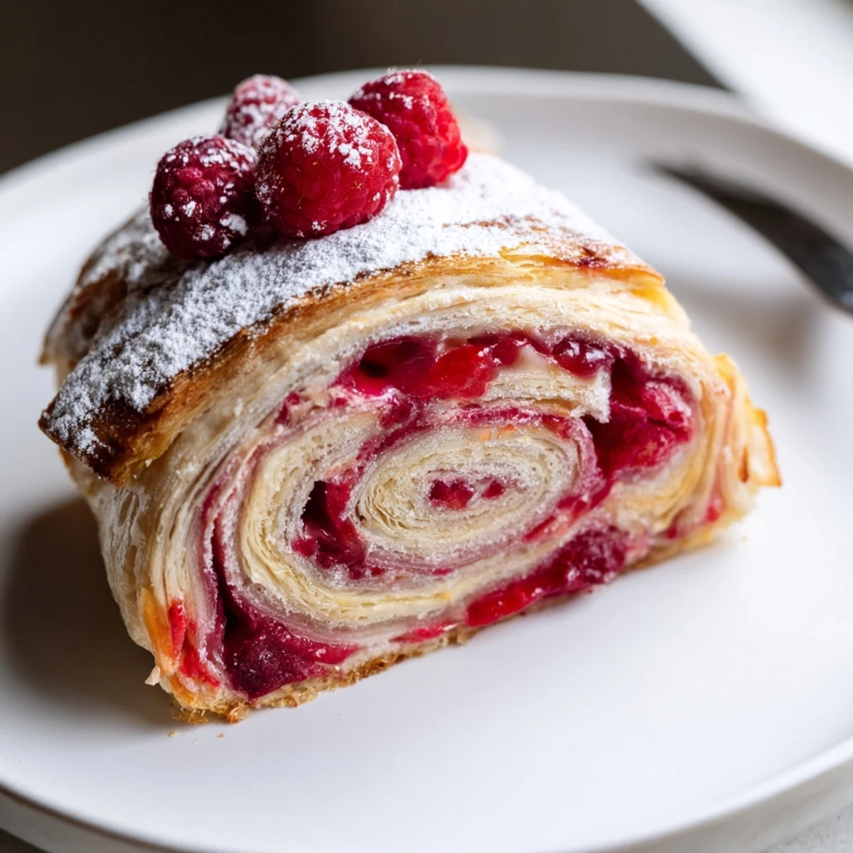 Aerial view of Raspberry Puff Pastry Rolls Recipe arranged for brunch, flaky buttery layers
