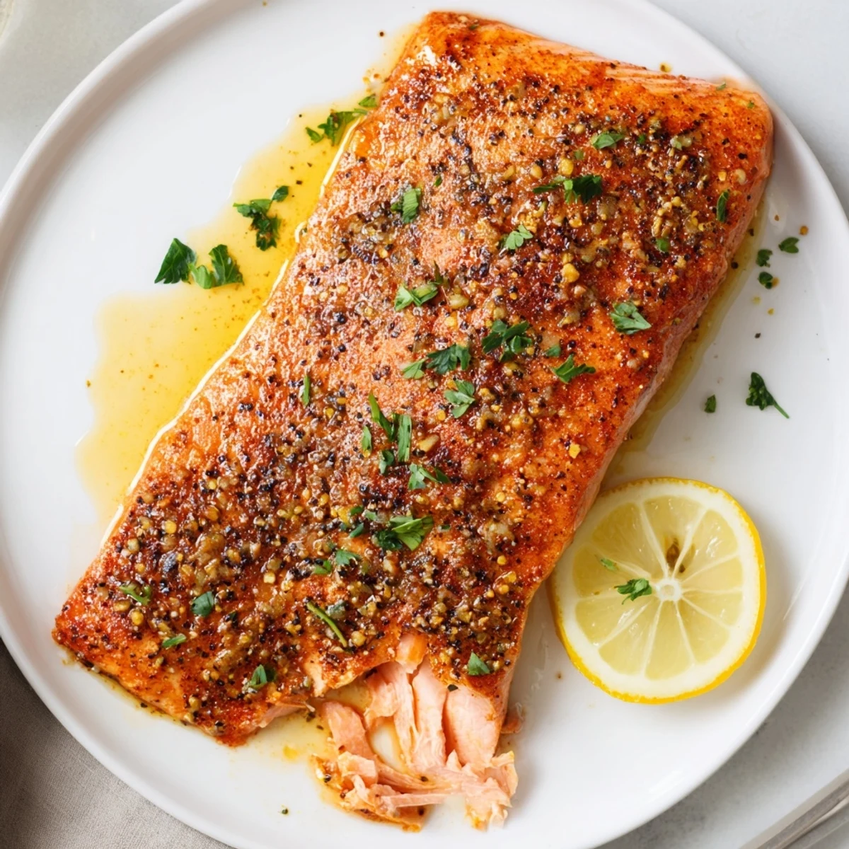 Cajun Honey Salmon Recipe on baking sheet, glistening caramelized glaze, parsley