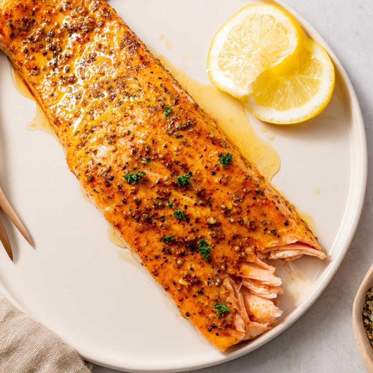 Oven-roasted Cajun Honey Salmon Recipe with spicy rub, flaky, sweet glaze