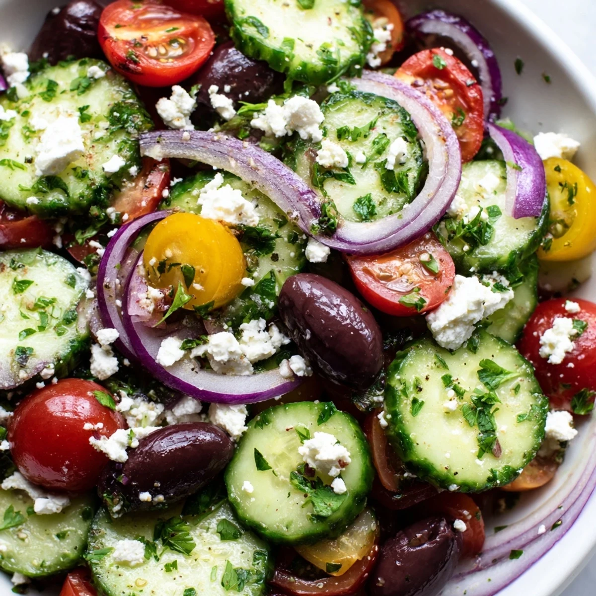 Fresh Mediterranean cucumber salad recipe featuring juicy tomatoes, olives, red onion, and crumbled feta on a white plate