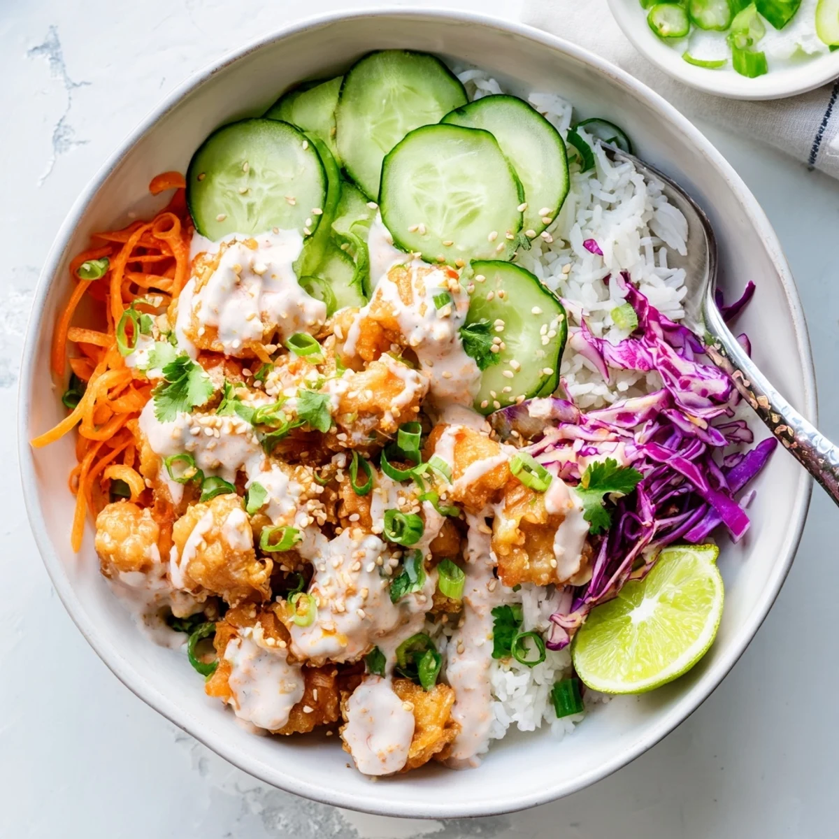 Golden crispy chicken pieces coated in spicy bang bang sauce over fluffy jasmine rice