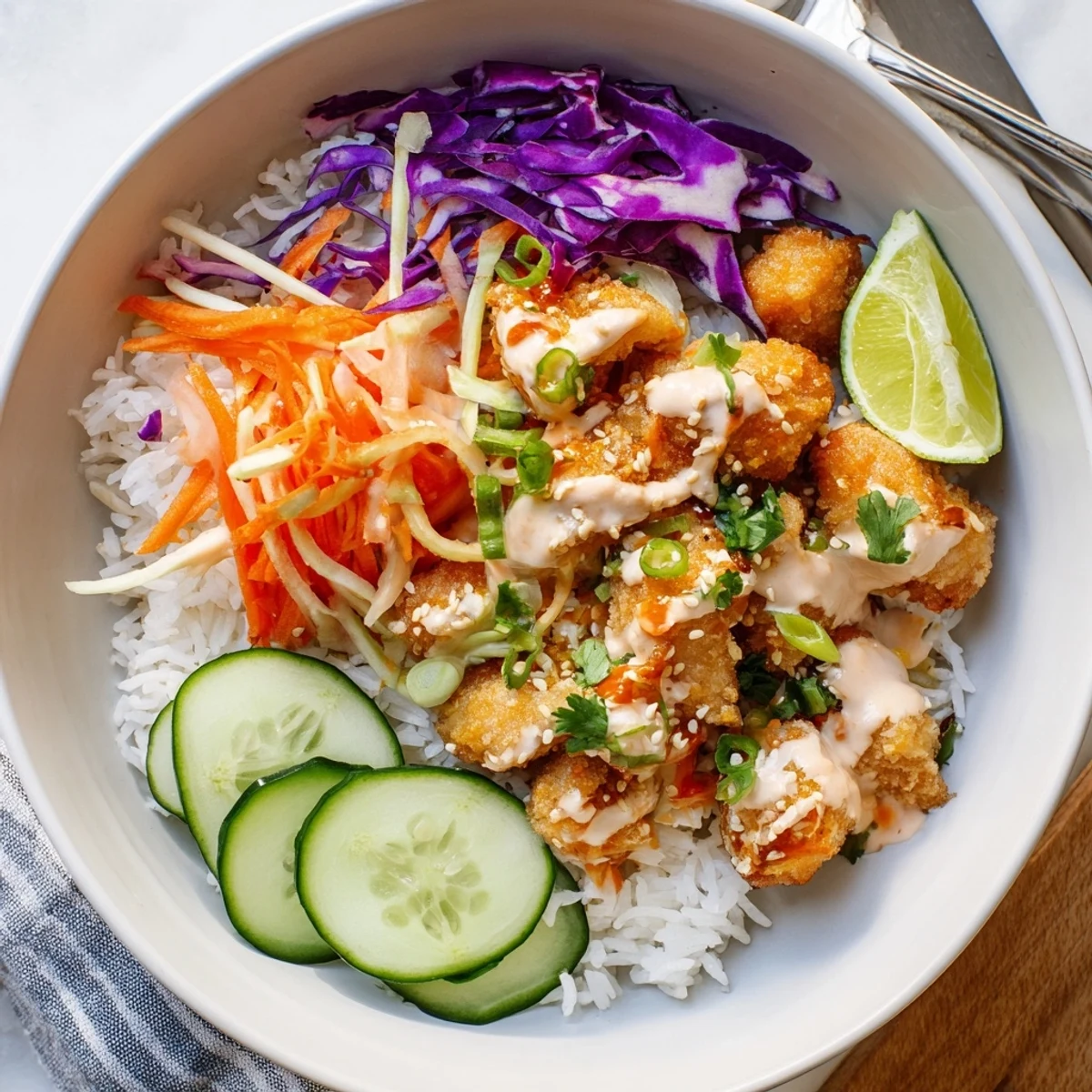 Vibrant bowl with fried chicken colorful vegetables and creamy spicy drizzle sauce