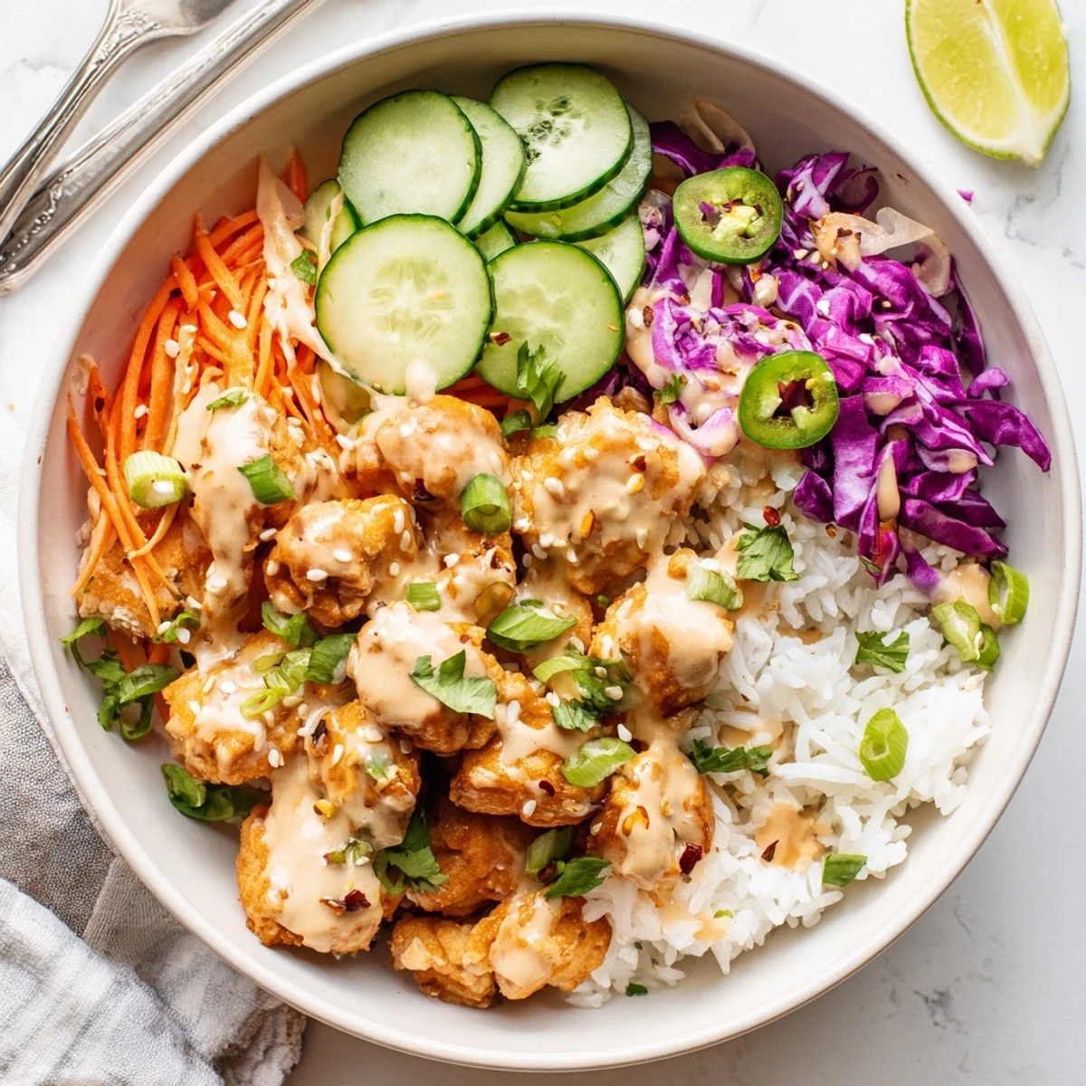 Asian inspired bang bang chicken bowl with fresh cucumber carrot and cabbage toppings