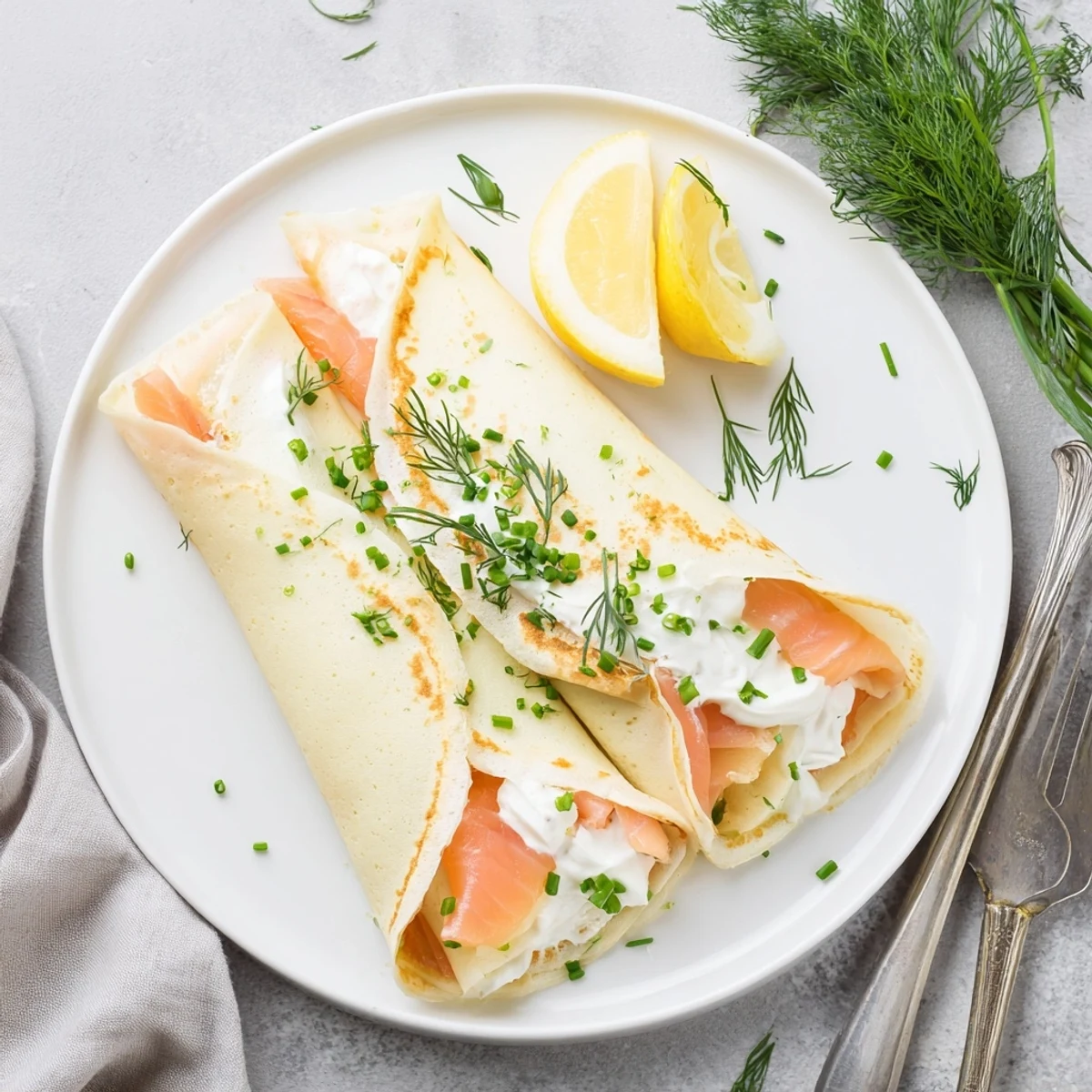 Delicate French crepes wrapped around silky smoked salmon and tangy cream cheese for brunch