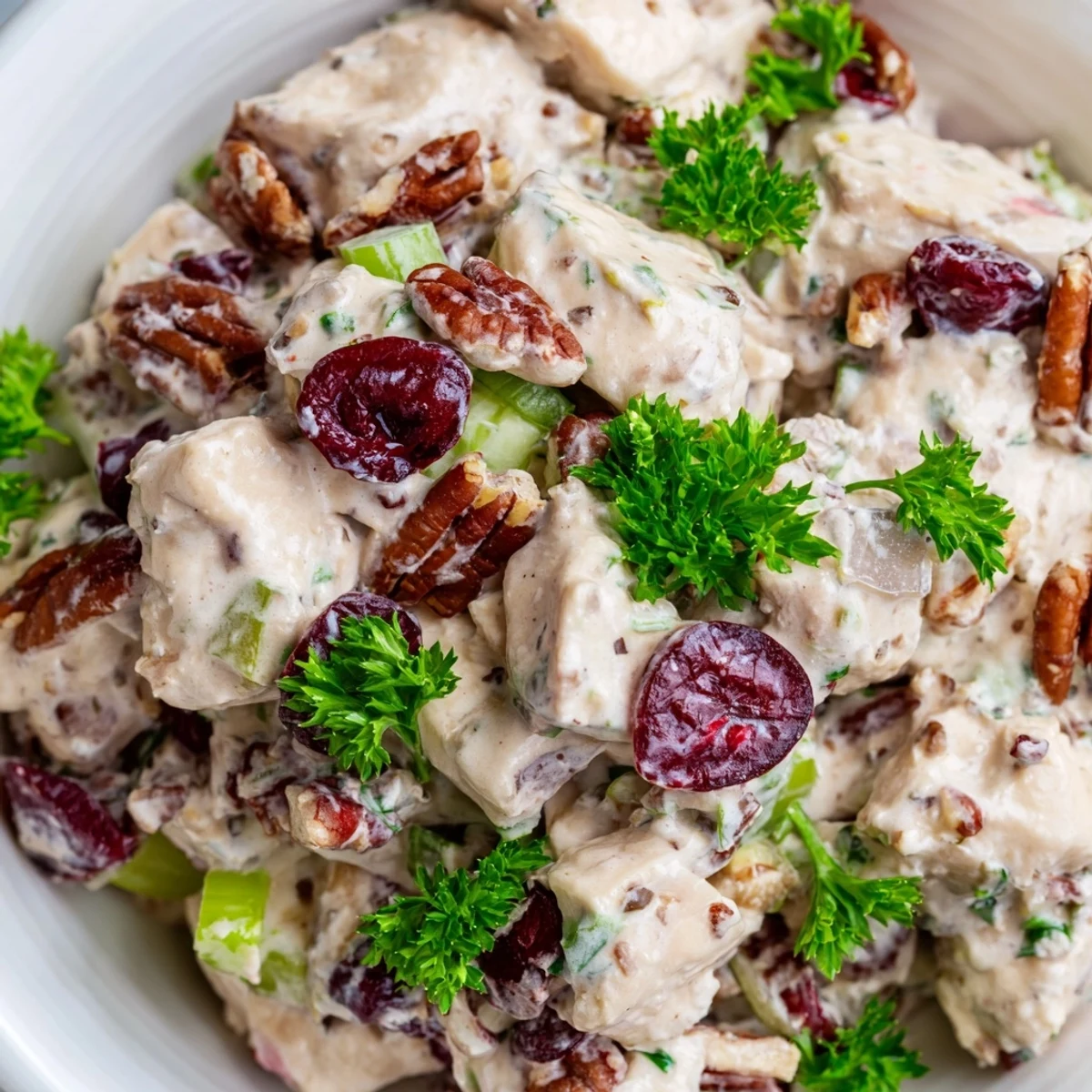 Scoop of cranberry pecan chicken salad atop mixed greens with croissant on side