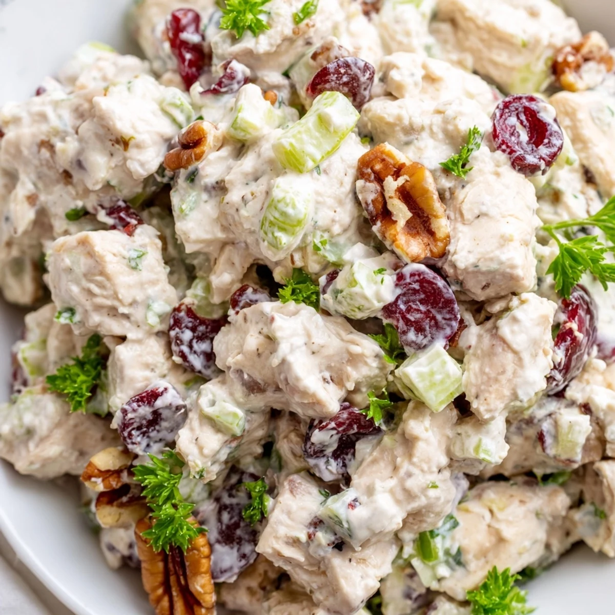 Homemade cranberry pecan chicken salad featuring tender chunks, dried cranberries, and toasted pecans