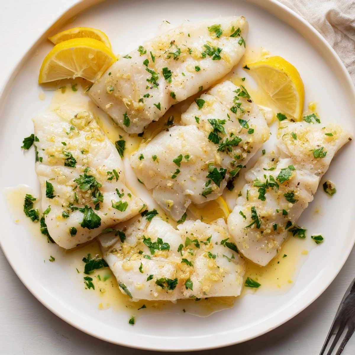 Golden pan-seared cod fillets drizzled with rich lemon garlic butter sauce and fresh parsley