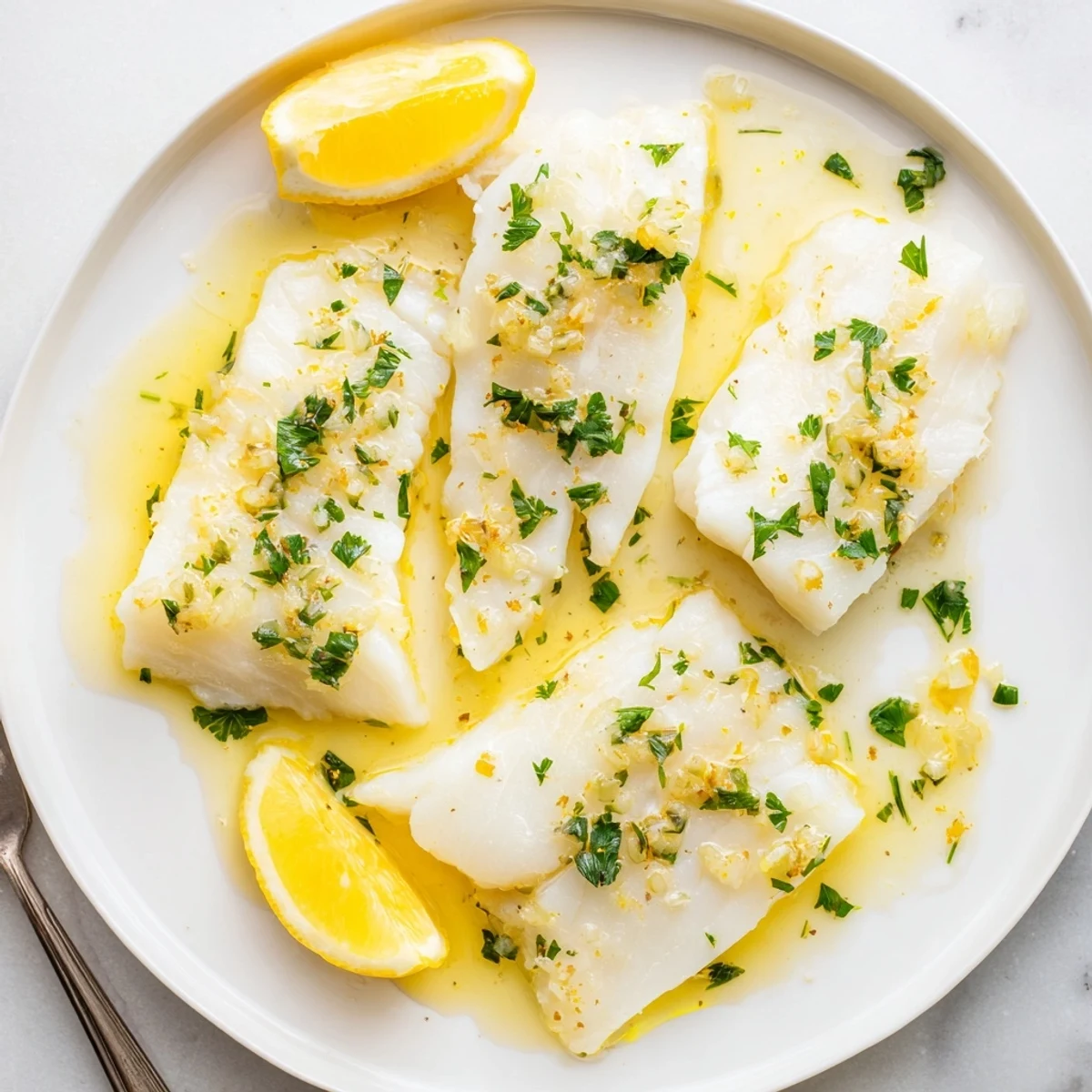 Flaky white fish simmering in a creamy lemon butter sauce with minced garlic and zest