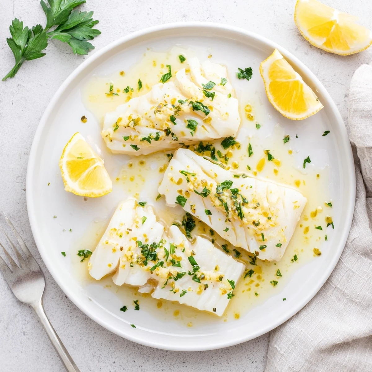 Perfectly cooked lemon garlic butter cod served on a white plate with vibrant green garnish