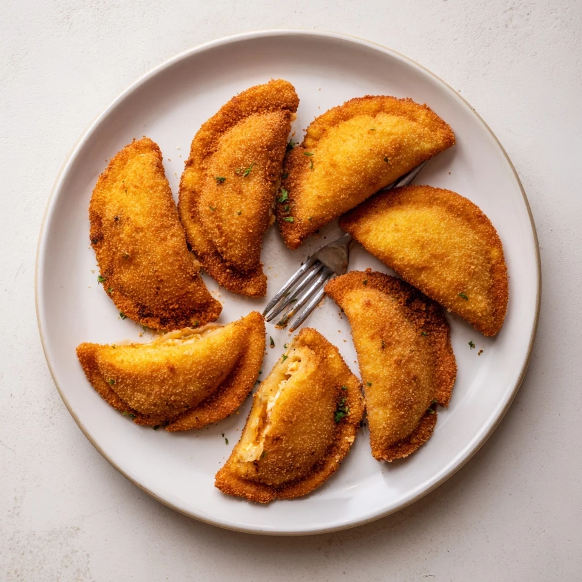 Golden Portuguese shrimp rissois arranged on a serving plate with fresh parsley garnish