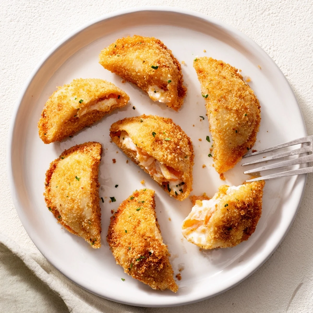 Crispy fried Portuguese shrimp rissois showing golden brown crust and creamy filling inside