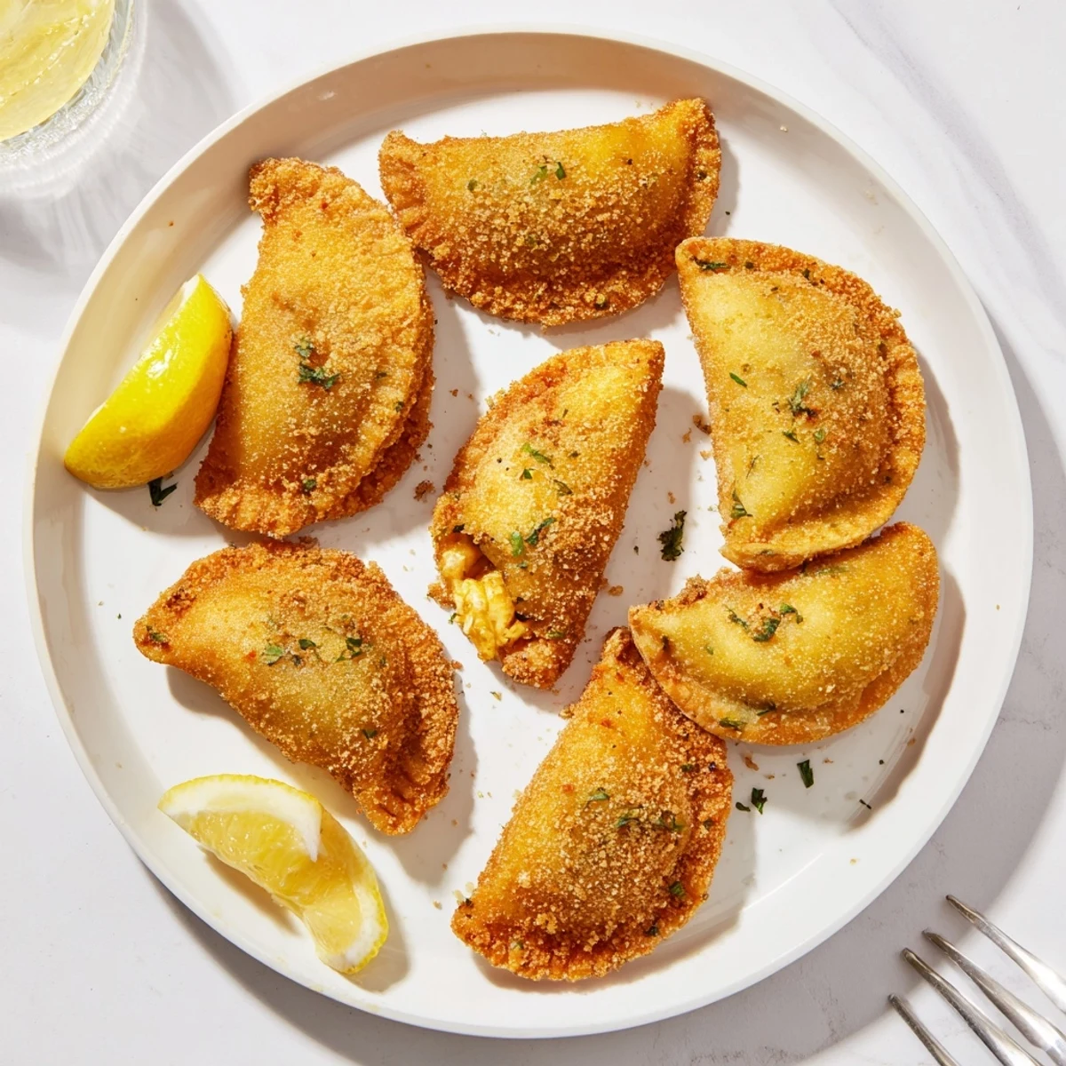 Homemade Portuguese shrimp rissois displayed on white platter ready for appetizer serving